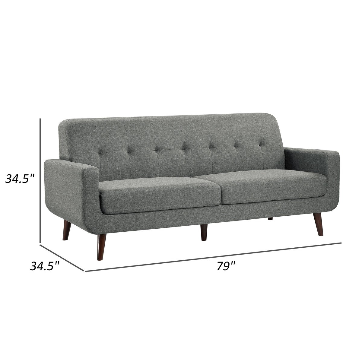 Rim 79 Inch Sofa, Gray Polyester, Tufted Back, Foam Cushions, Brown Wood