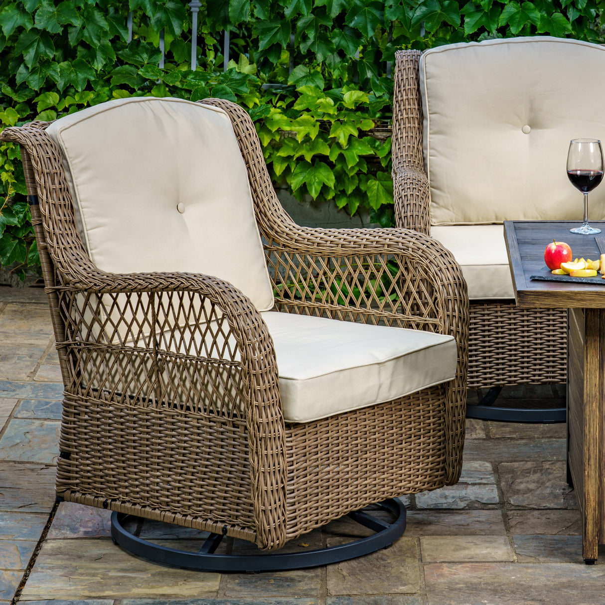 Rio Vista Sandstone Outdoor Wicker Seating Set with Fire Pit Table (5-Piece)