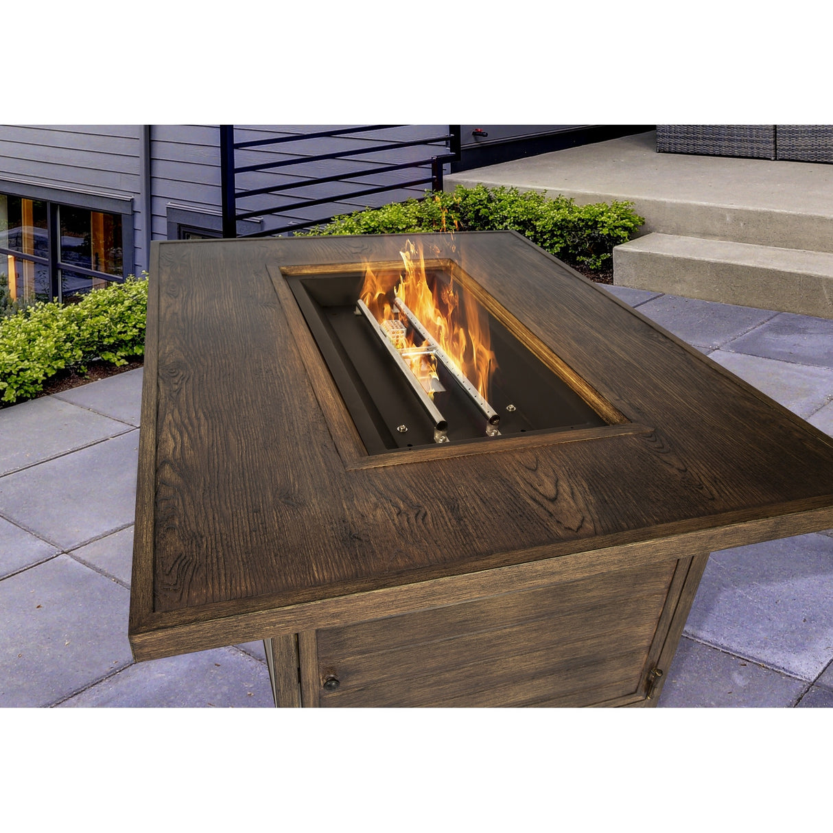 Rio Vista Sandstone Outdoor Wicker Seating Set with Fire Pit Table (5-Piece)