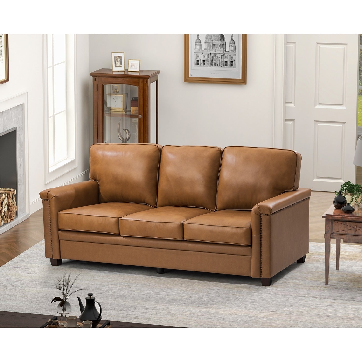 Rita Living Room 3 Seat Genuine Leather Sofa with Solid Wood Legs and Overstock