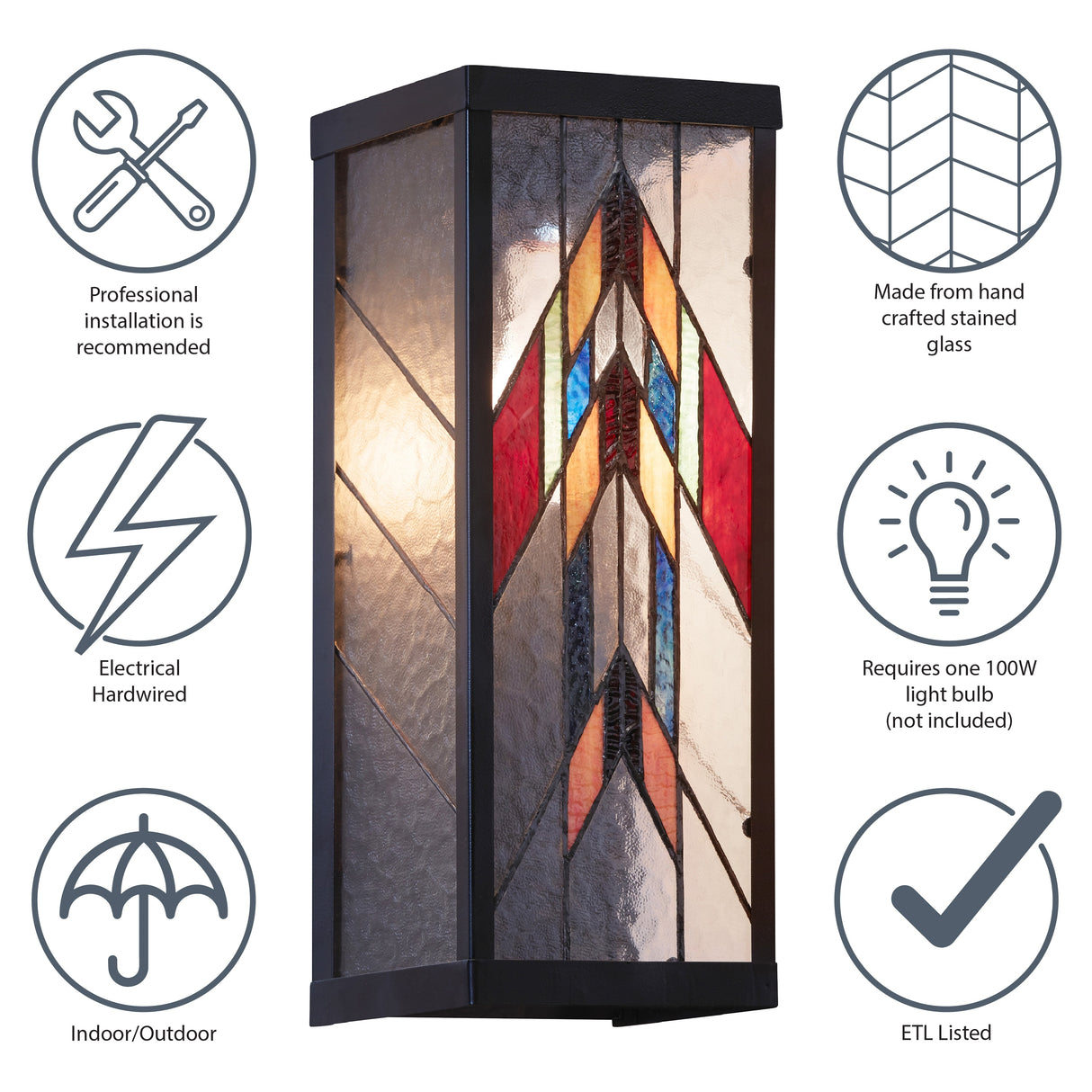 River of Goods Mission Style Multicolor Stained Glass and Black Satin Rectangular 1-Light Outdoor Wall Sconce