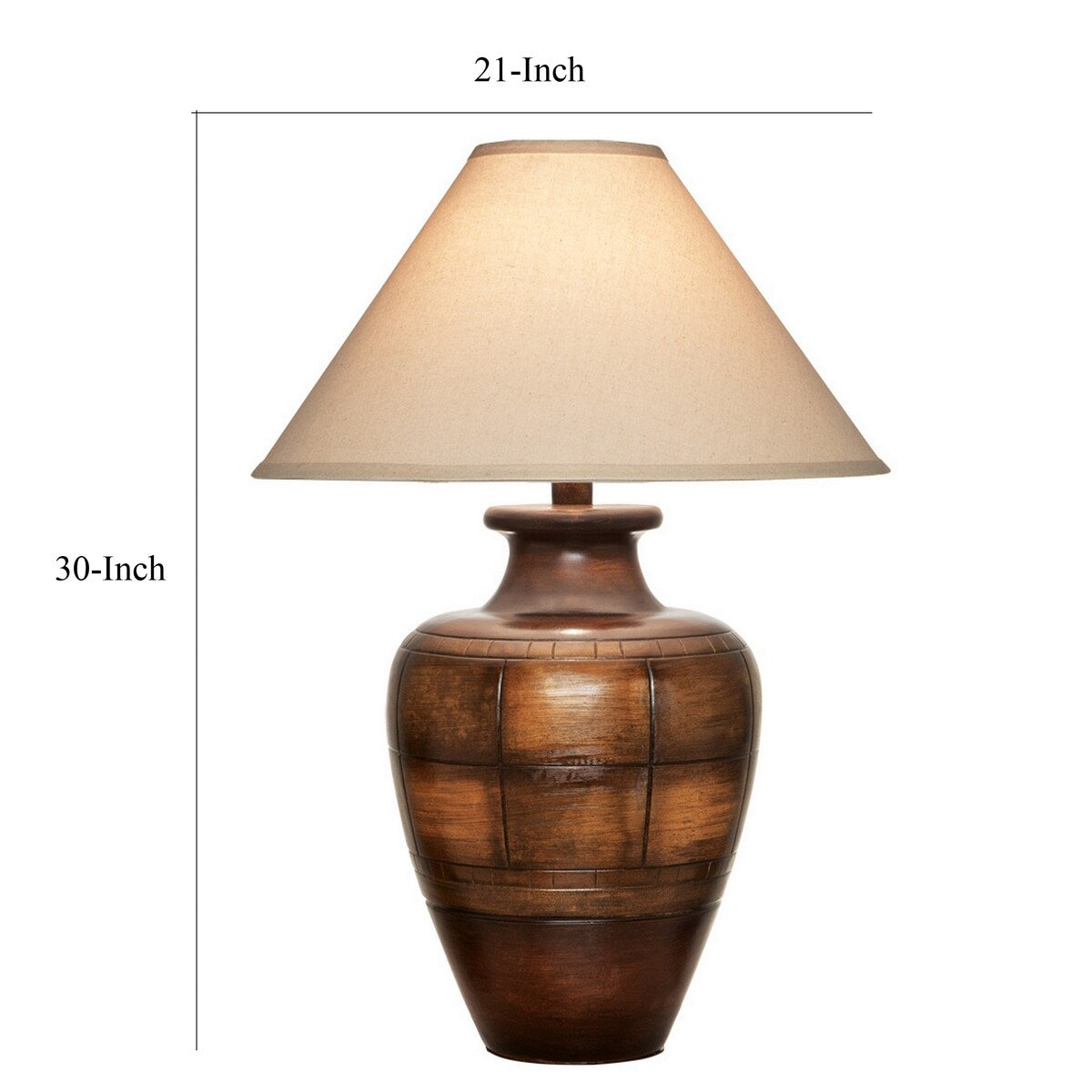 Riza 30 Inch Table Lamp, Curved Vase Walnut Brown Pattern, Cone Shade