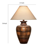 Riza 30 Inch Table Lamp, Curved Vase Walnut Brown Pattern, Cone Shade