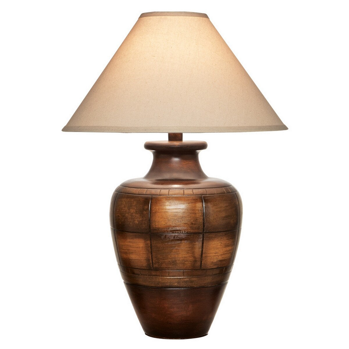 Riza 30 Inch Table Lamp, Curved Vase Walnut Brown Pattern, Cone Shade