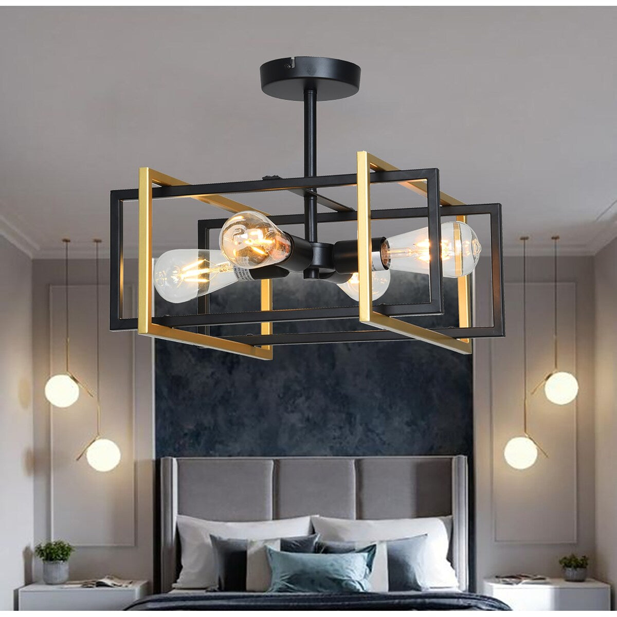 Rizwan Matte Black and Gold 4-Light Open-Cage Metal Semi-Flush Mount