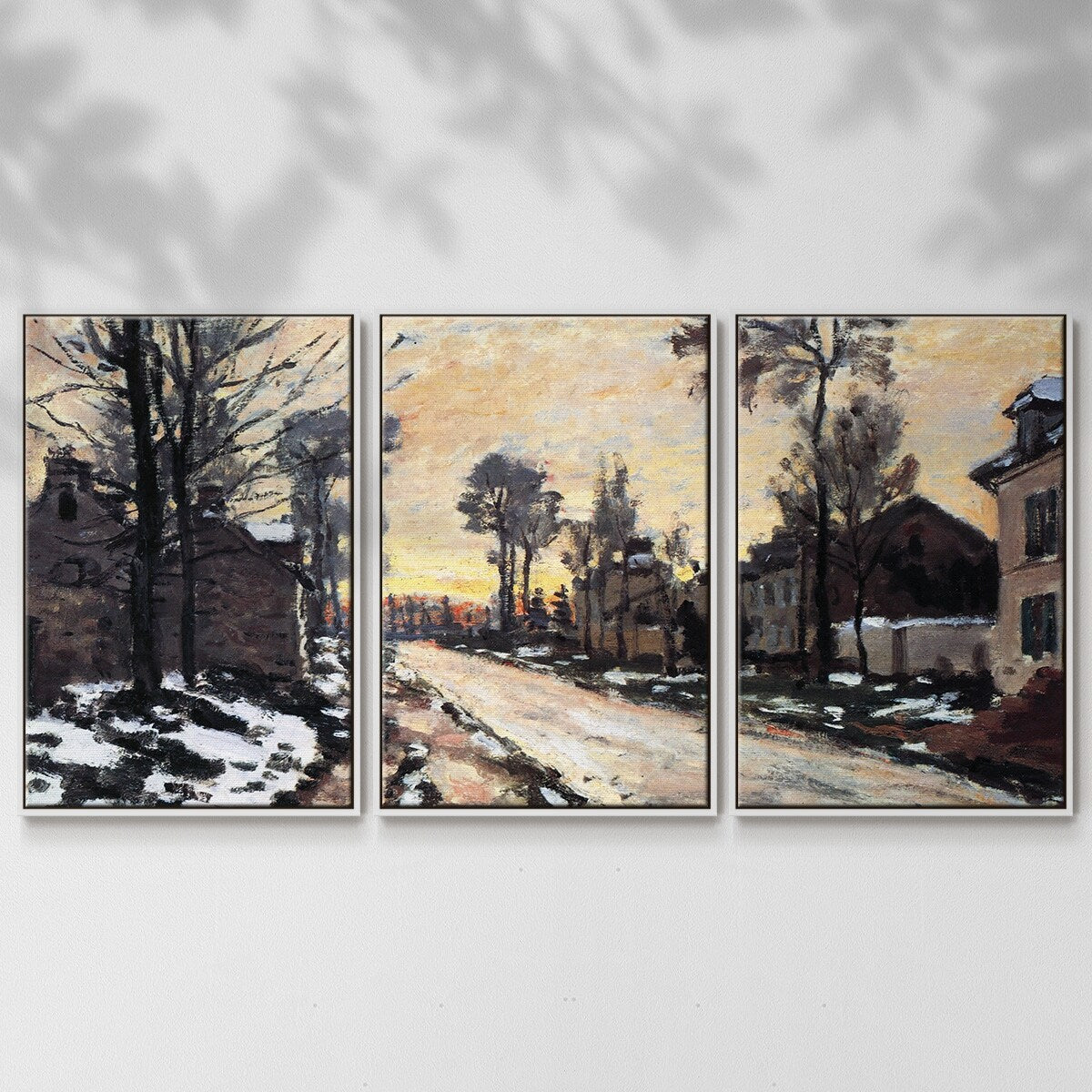 Road to Louveciennes, melting snow children, sunset by Monet - Multi Piece Framed Canvas
