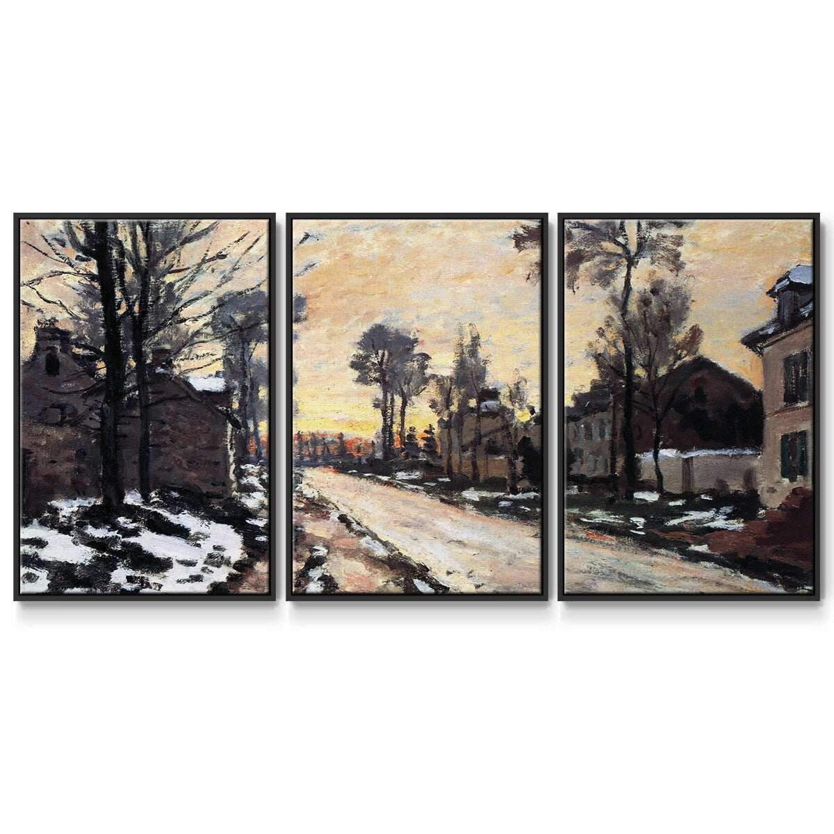 Road to Louveciennes, melting snow children, sunset by Monet - Multi Piece Framed Canvas