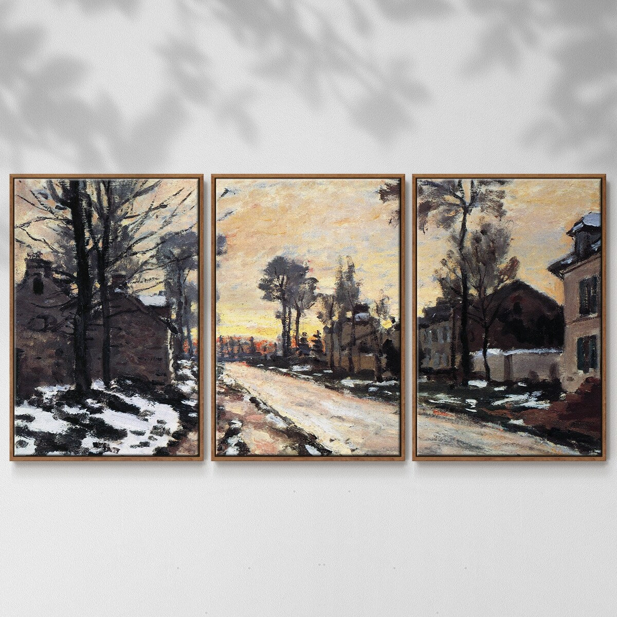Road to Louveciennes, melting snow children, sunset by Monet - Multi Piece Framed Canvas
