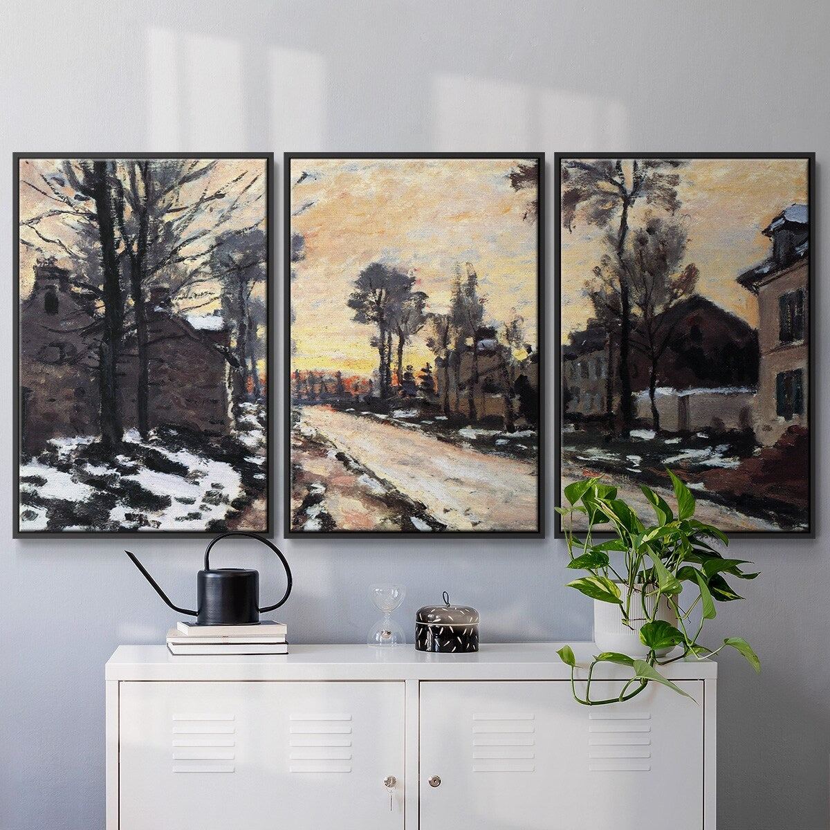 Road to Louveciennes, melting snow children, sunset by Monet - Multi Piece Framed Canvas