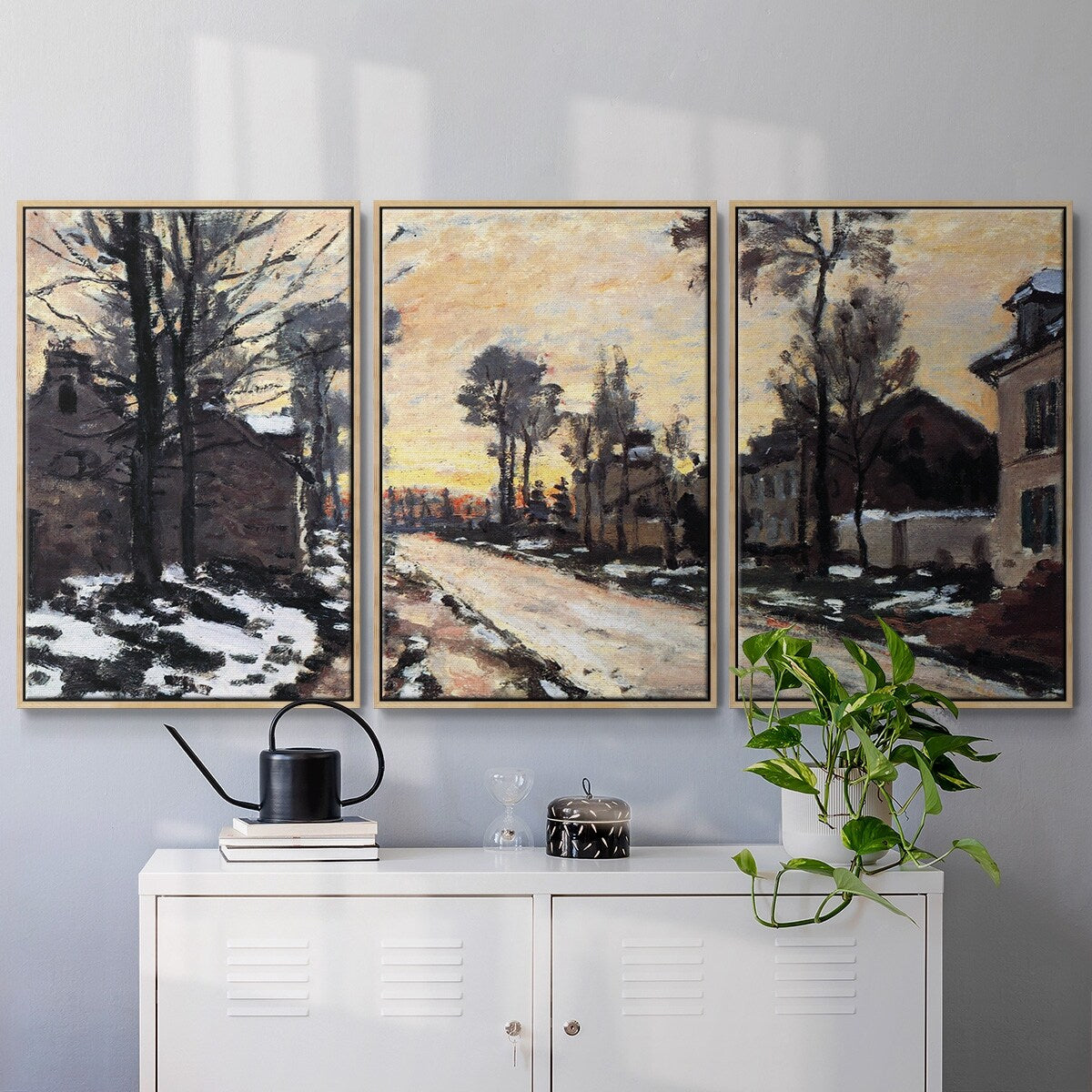 Road to Louveciennes, melting snow children, sunset by Monet - Multi Piece Framed Canvas