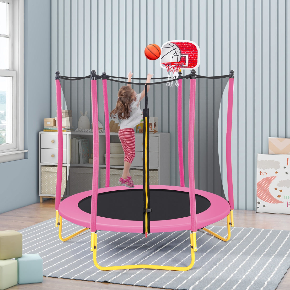 Robust 5.5FT Trampoline for Kids with Enclosure With Basketball