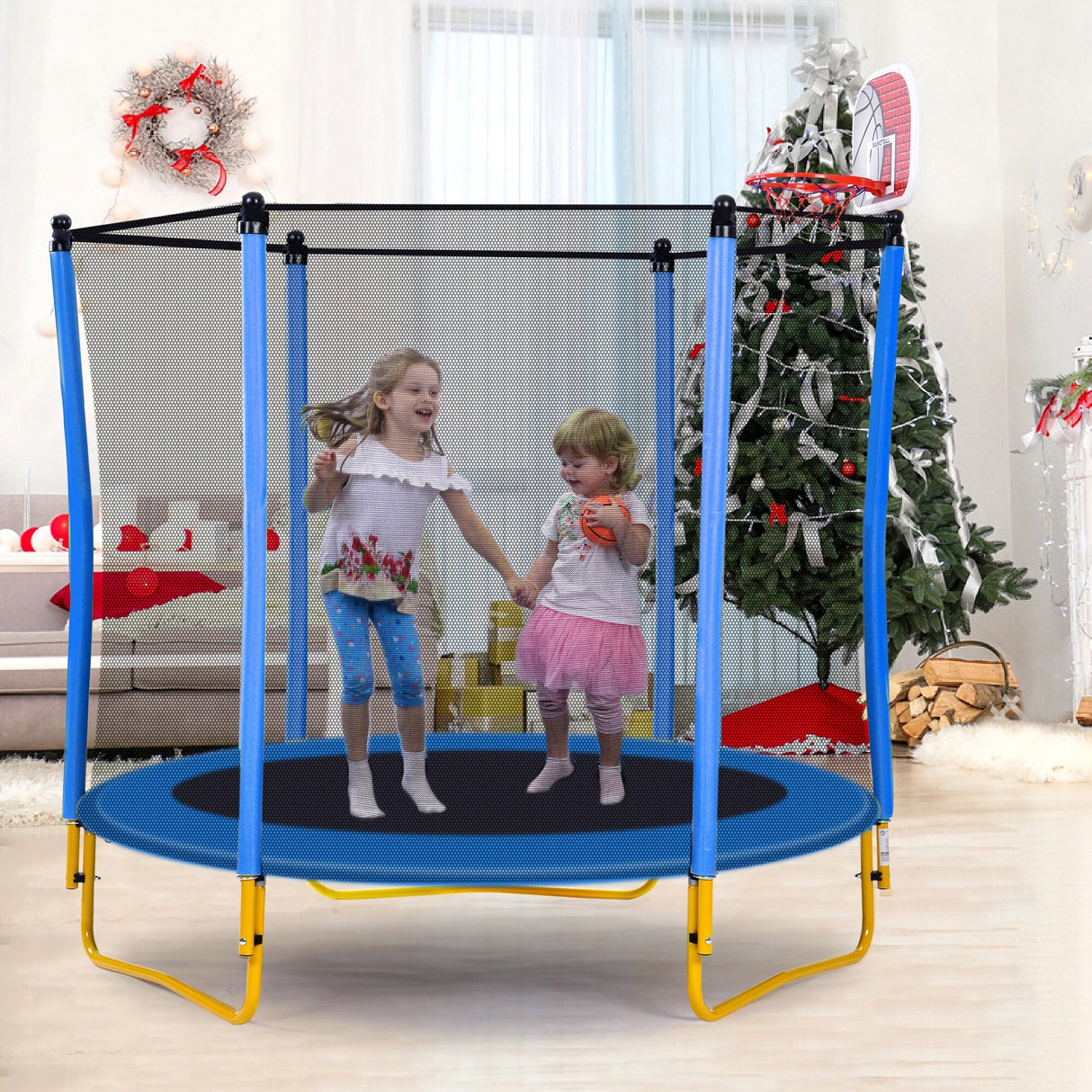 Robust 5.5FT Trampoline for Kids with Enclosure With Basketball