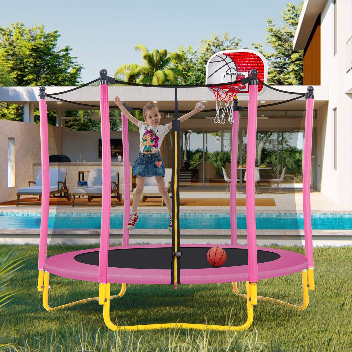 Robust 5.5FT Trampoline for Kids with Enclosure With Basketball