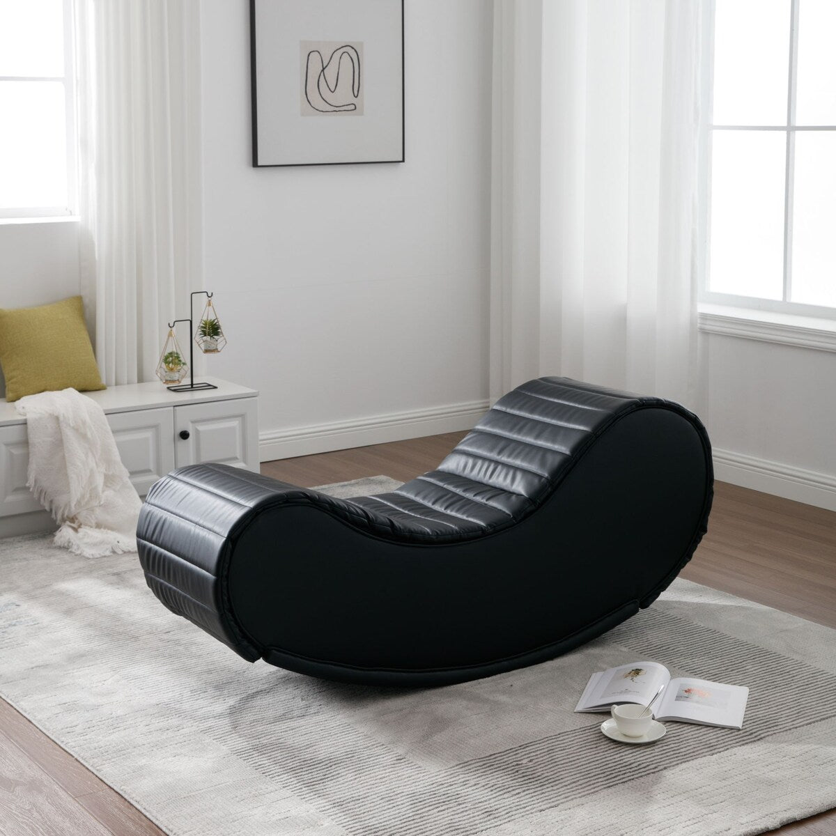 Rocking Chair, Upholstered Yoga Chaise Lounges, Faux Leather Curved Sofa Rocking Leisure Bench, Decompression Chair, Black