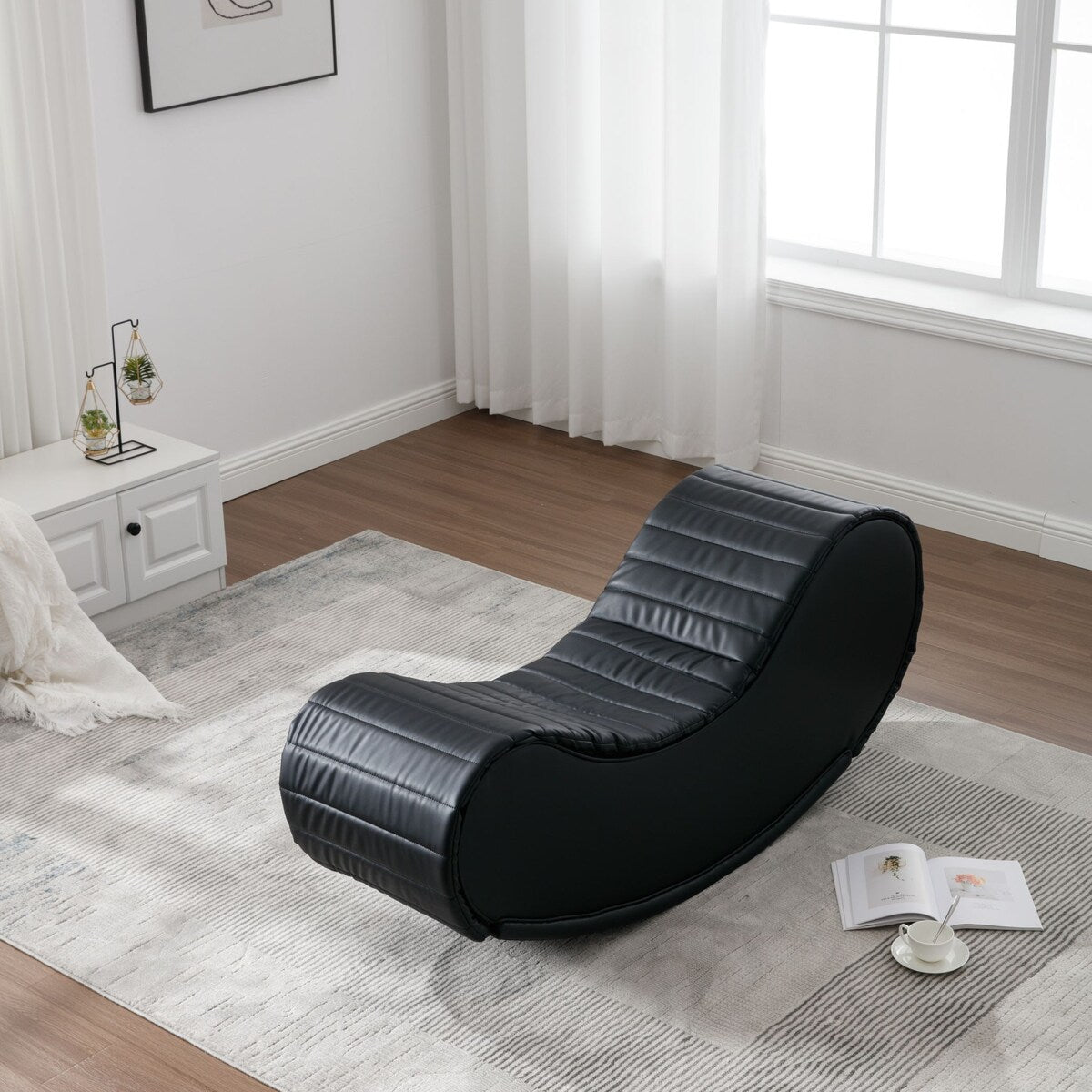 Rocking Chair, Upholstered Yoga Chaise Lounges, Faux Leather Curved Sofa Rocking Leisure Bench, Decompression Chair, Black