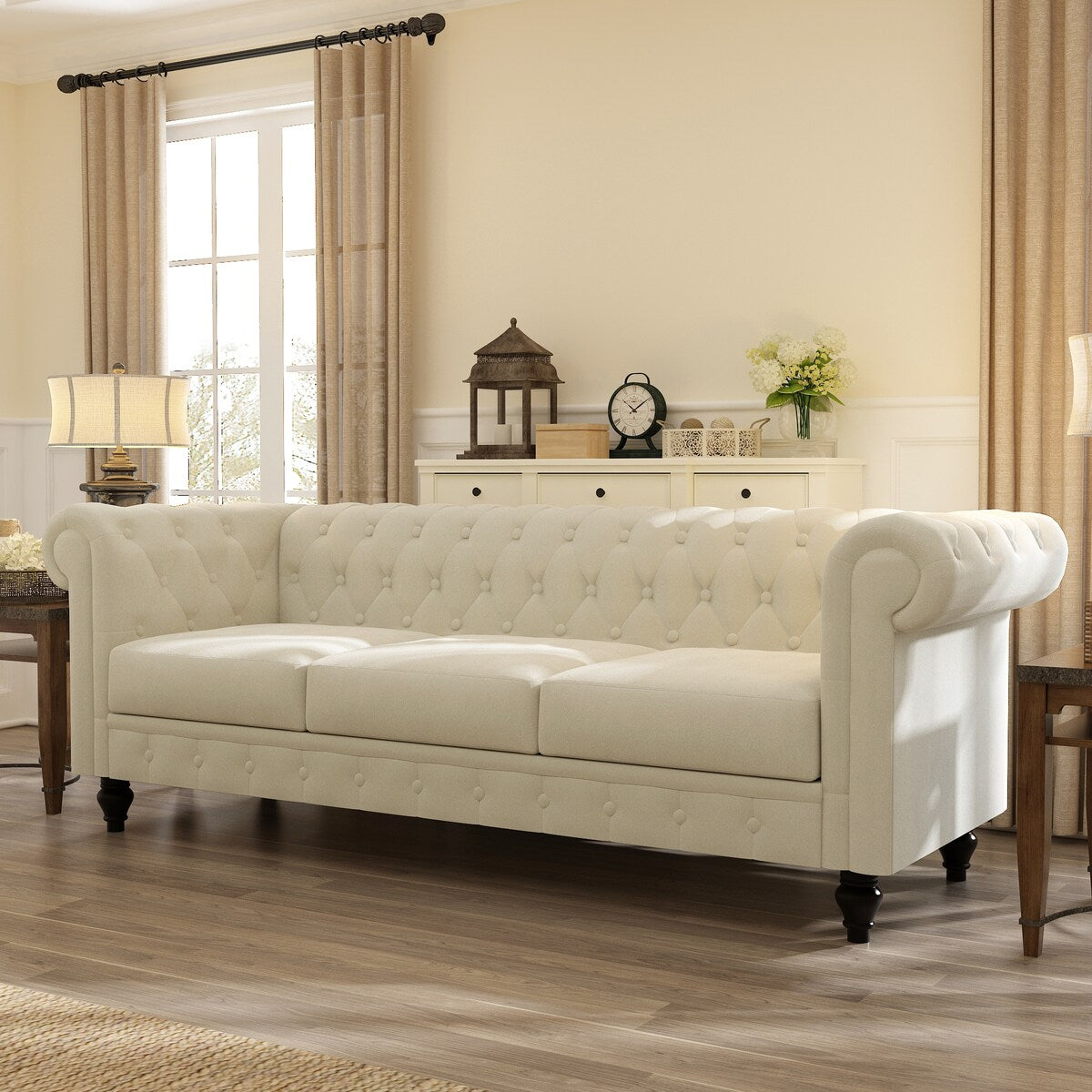 Rolled Arm Velvet Chesterfield Sofa Solid Wood Legs