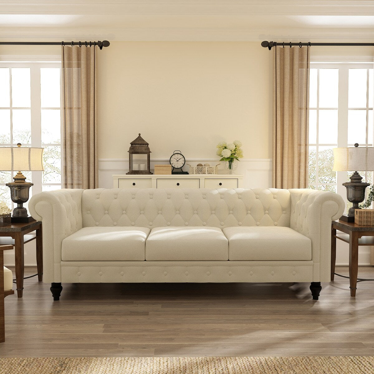 Rolled Arm Velvet Chesterfield Sofa Solid Wood Legs