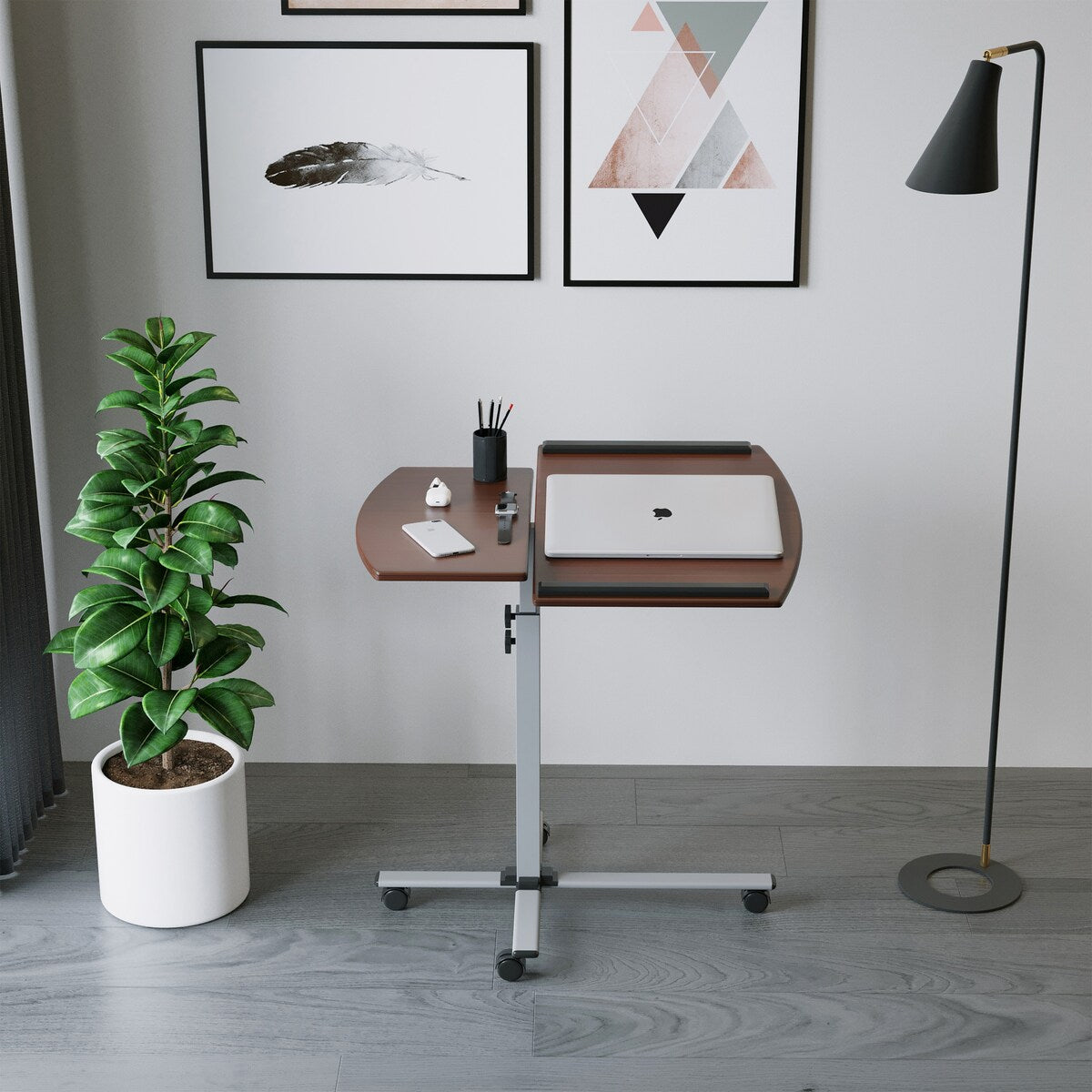 Rolling Adjustable Laptop Cart, Mahogany