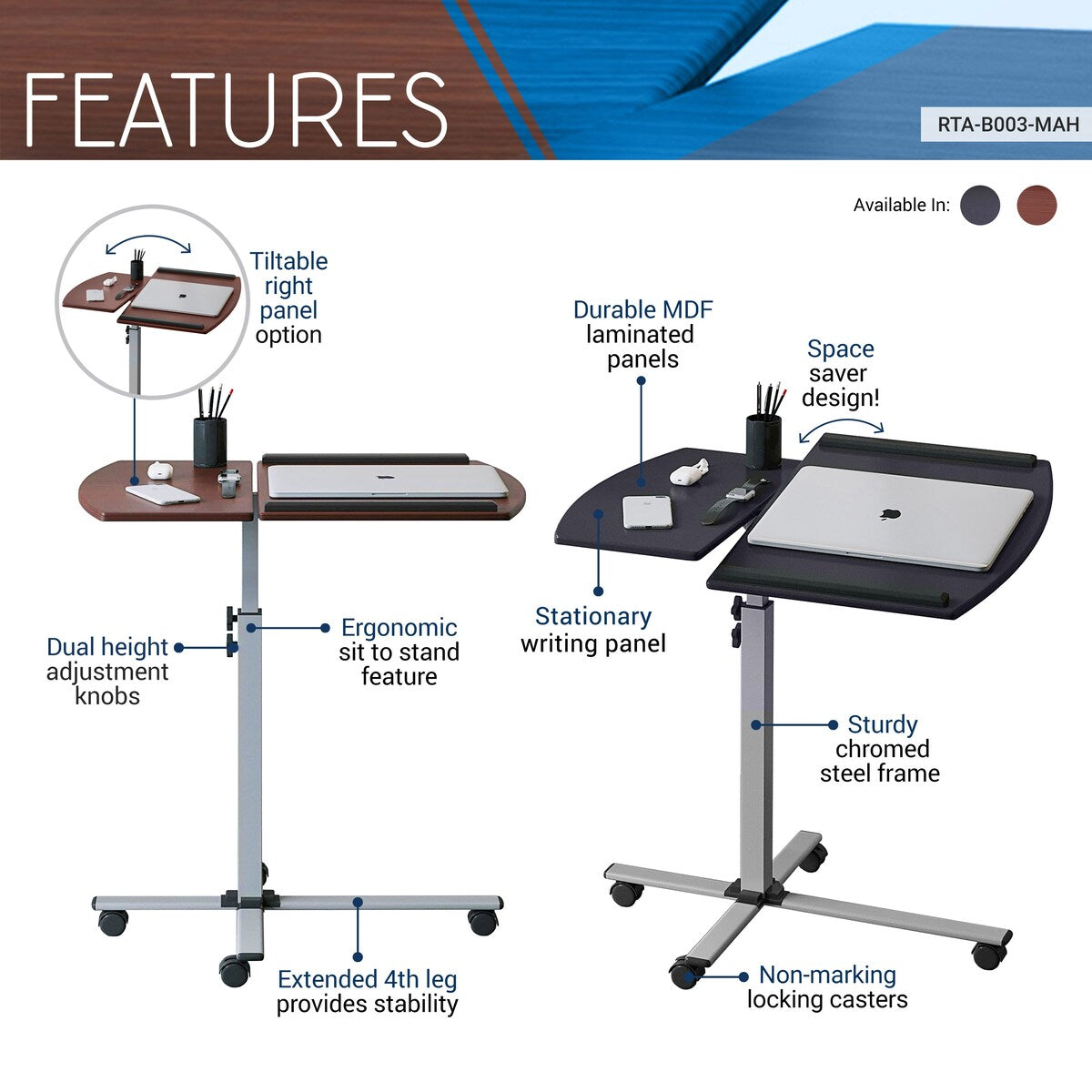 Rolling Adjustable Laptop Cart, Mahogany