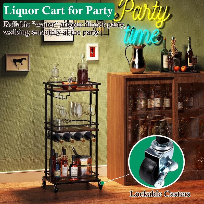 Rolling Mini Liquor Bar Cabinet with Wine Rack and Glass Holder - 12.6"D x 16.5"W x 35.43"H