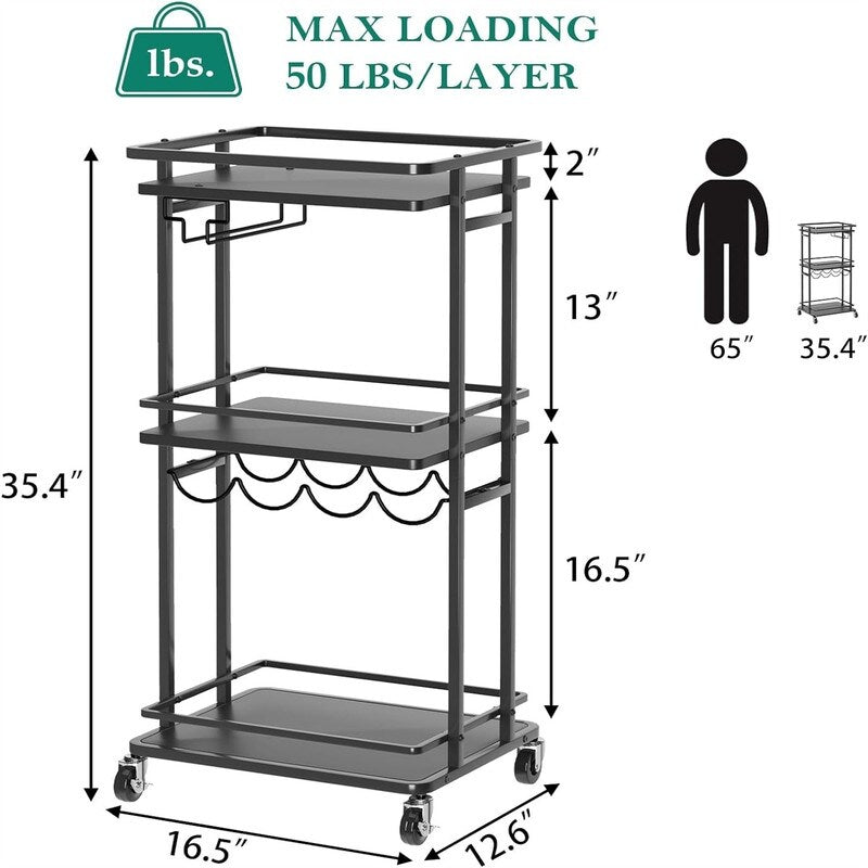 Rolling Mini Liquor Bar Cabinet with Wine Rack and Glass Holder - 12.6"D x 16.5"W x 35.43"H