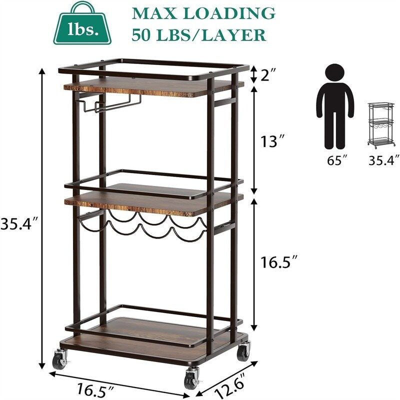 Rolling Mini Liquor Bar Cabinet with Wine Rack and Glass Holder - 12.6"D x 16.5"W x 35.43"H