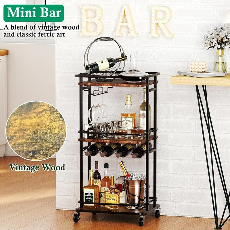 Rolling Mini Liquor Bar Cabinet with Wine Rack and Glass Holder - 12.6"D x 16.5"W x 35.43"H