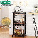 Rolling Mini Liquor Bar Cabinet with Wine Rack and Glass Holder - 12.6"D x 16.5"W x 35.43"H