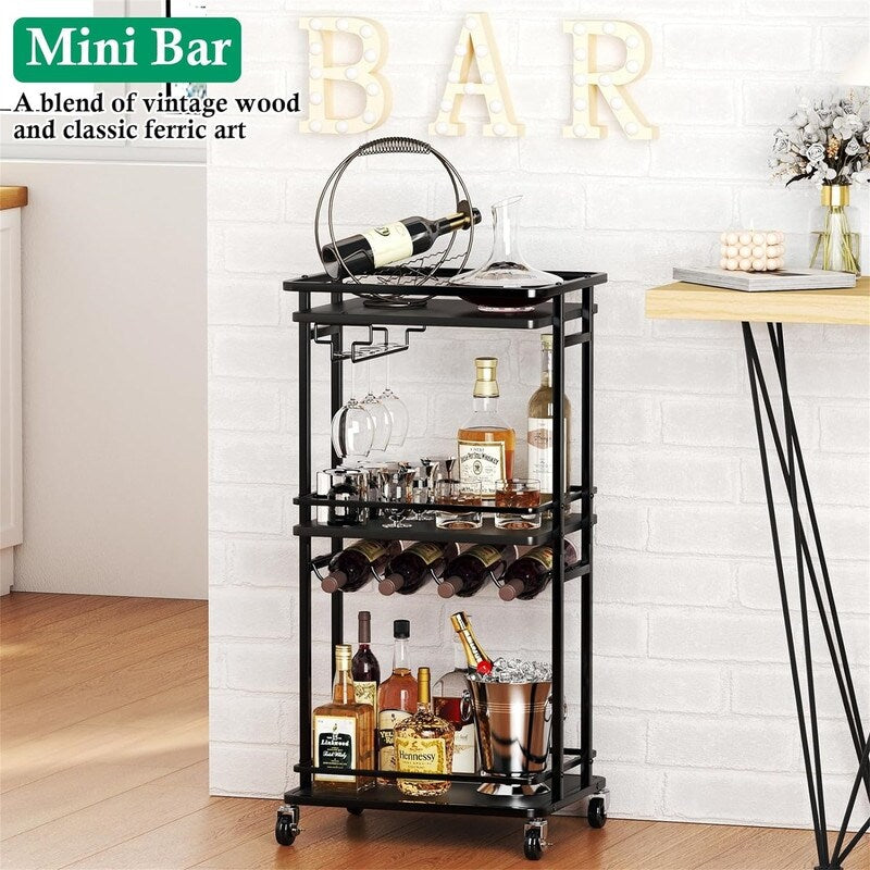 Rolling Mini Liquor Bar Cabinet with Wine Rack and Glass Holder - 12.6"D x 16.5"W x 35.43"H