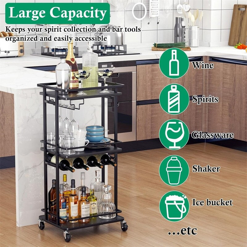 Rolling Mini Liquor Bar Cabinet with Wine Rack and Glass Holder - 12.6"D x 16.5"W x 35.43"H