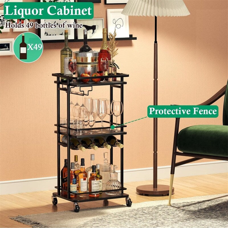 Rolling Mini Liquor Bar Cabinet with Wine Rack and Glass Holder - 12.6"D x 16.5"W x 35.43"H