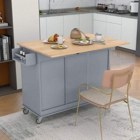 Rolling Mobile Kitchen Island with Solid Wood Top and Locking Wheels,52.7 Inch Width,Storage Cabinet and Drop Leaf Breakfast Bar