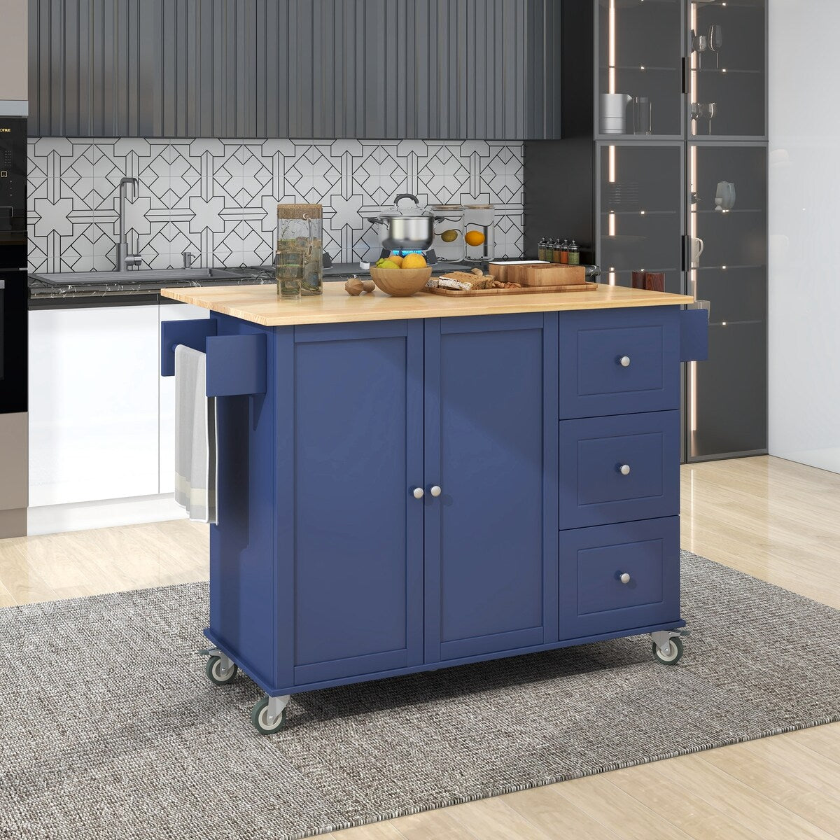 Rolling Mobile Kitchen Island with Solid Wood Top and Locking Wheels,52.7 Inch Width,Storage Cabinet and Drop Leaf Breakfast Bar