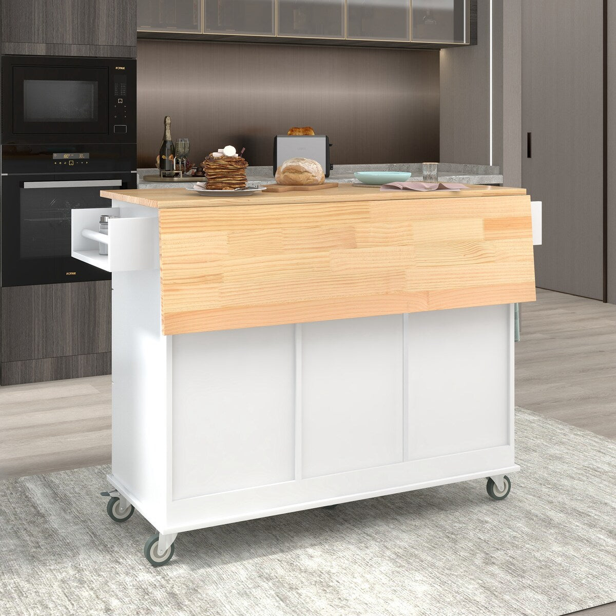 Rolling Mobile Kitchen Island with Solid Wood Top and Locking Wheels,52.7 Inch Width,Storage Cabinet and Drop Leaf Breakfast Bar
