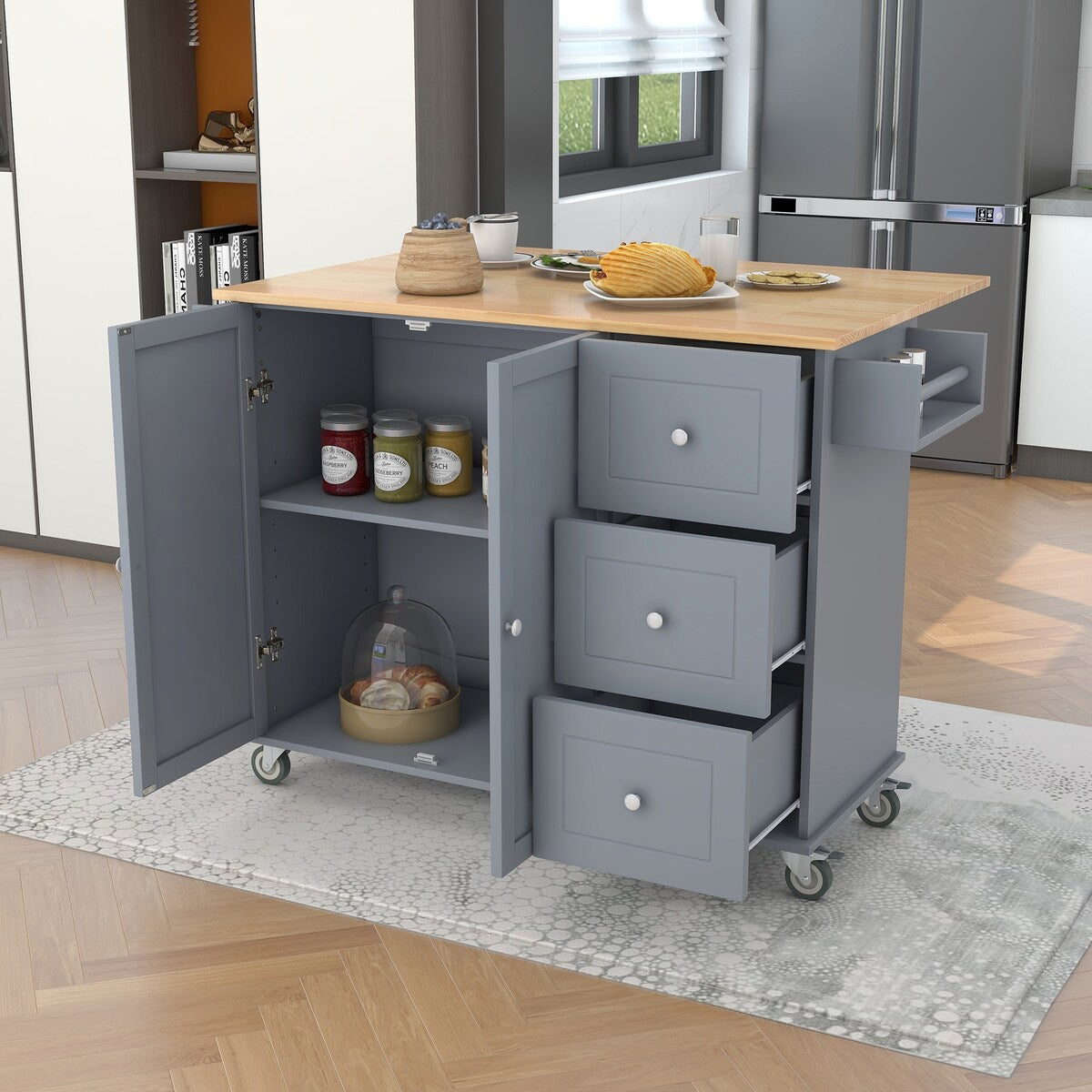 Rolling Mobile Kitchen Island with Solid Wood Top and Locking Wheels,52.7 Inch Width,Storage Cabinet and Drop Leaf Breakfast Bar
