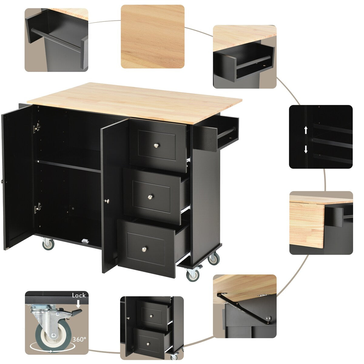 Rolling Mobile Kitchen Island with Solid Wood Top and Locking Wheels,52.7 Inch Width,Storage Cabinet and Drop Leaf Breakfast Bar