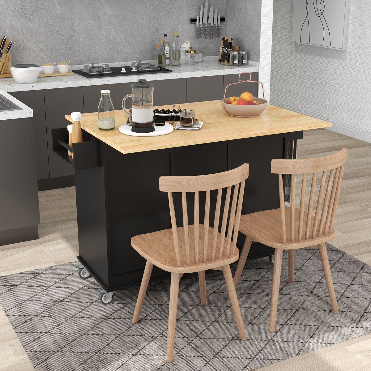 Rolling Mobile Kitchen Island with Solid Wood Top and Locking Wheels,52.7 Inch Width,Storage Cabinet and Drop Leaf Breakfast Bar