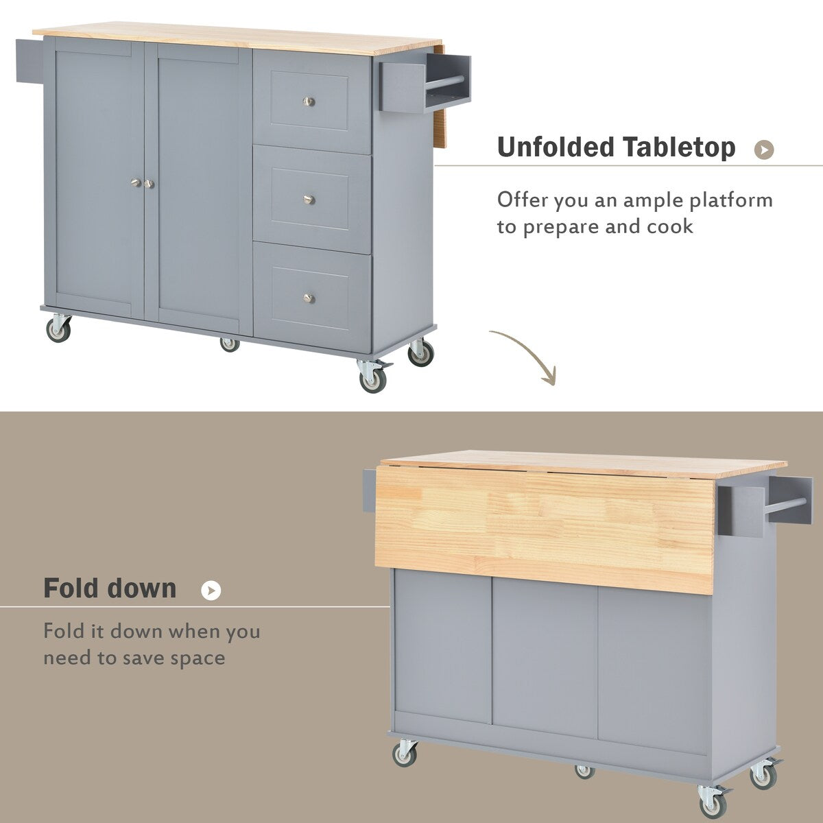 Rolling Mobile Kitchen Island with Solid Wood Top and Locking Wheels,52.7 Inch Width,Storage Cabinet and Drop Leaf Breakfast Bar