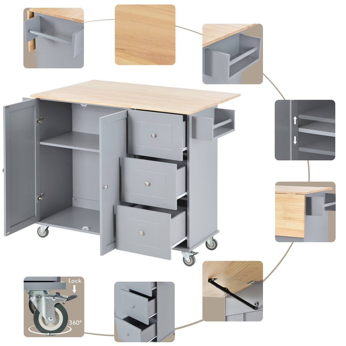 Rolling Mobile Kitchen Island with Solid Wood Top and Locking Wheels,52.7 Inch Width,Storage Cabinet and Drop Leaf Breakfast Bar