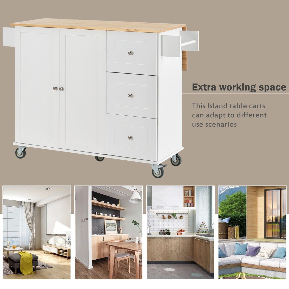 Rolling Mobile Kitchen Island with Solid Wood Top and Locking Wheels,52.7 Inch Width,Storage Cabinet and Drop Leaf Breakfast Bar