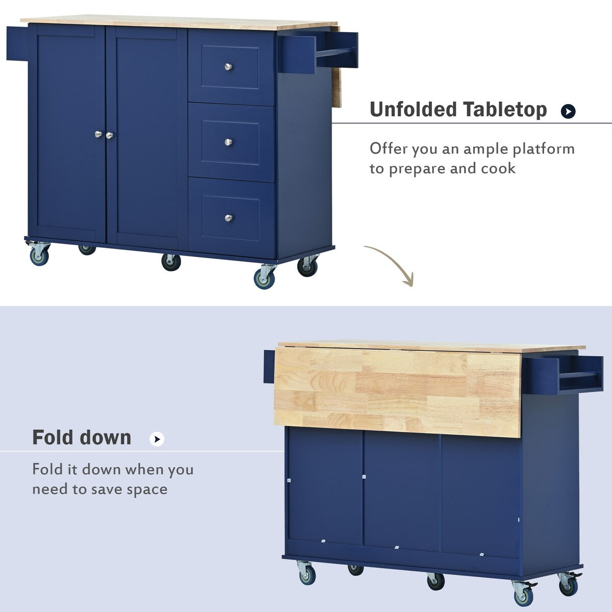 Rolling Mobile Kitchen Island with Solid Wood Top and Locking Wheels,52.7 Inch Width,Storage Cabinet and Drop Leaf Breakfast Bar