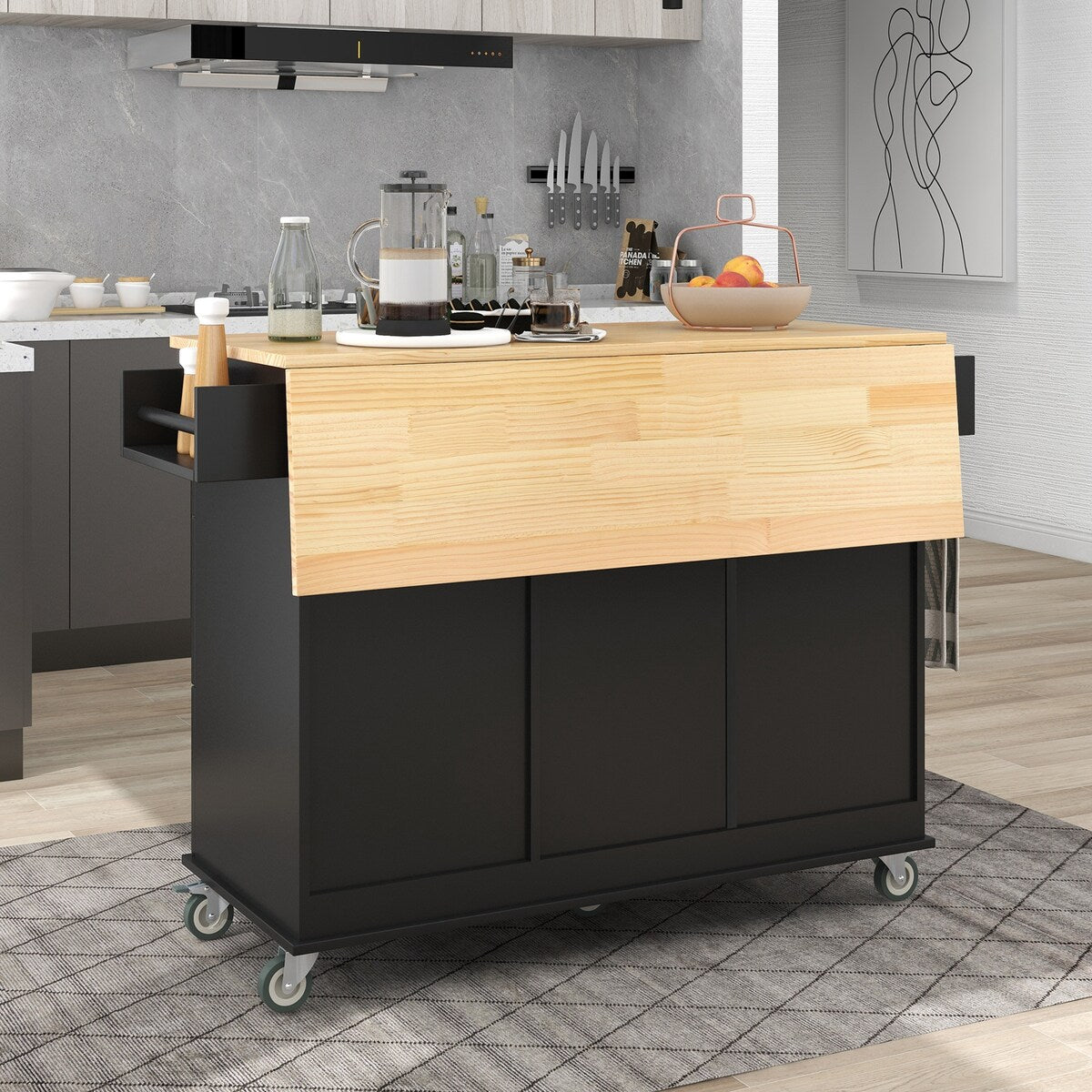 Rolling Mobile Kitchen Island with Solid Wood Top and Locking Wheels,52.7 Inch Width,Storage Cabinet and Drop Leaf Breakfast Bar