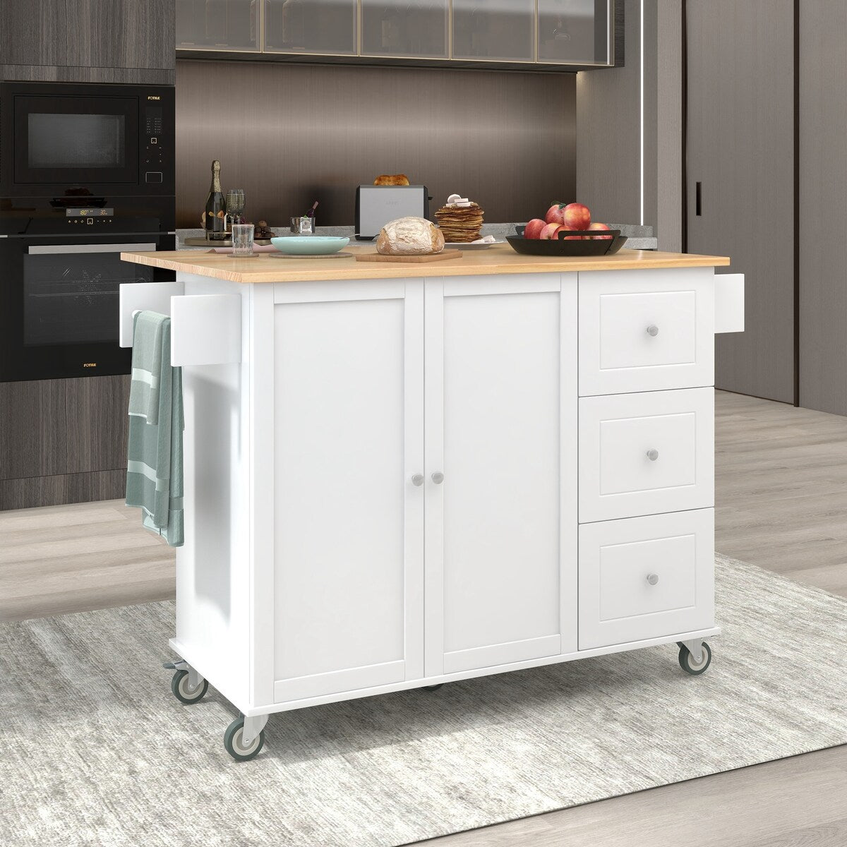 Rolling Mobile Kitchen Island with Solid Wood Top and Locking Wheels,52.7 Inch Width,Storage Cabinet and Drop Leaf Breakfast Bar