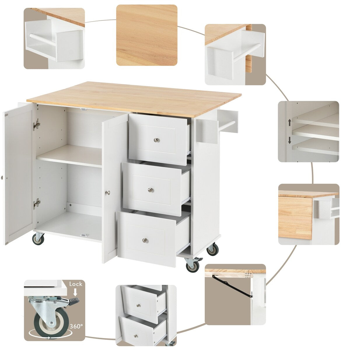 Rolling Mobile Kitchen Island with Solid Wood Top and Locking Wheels,52.7 Inch Width,Storage Cabinet and Drop Leaf Breakfast Bar
