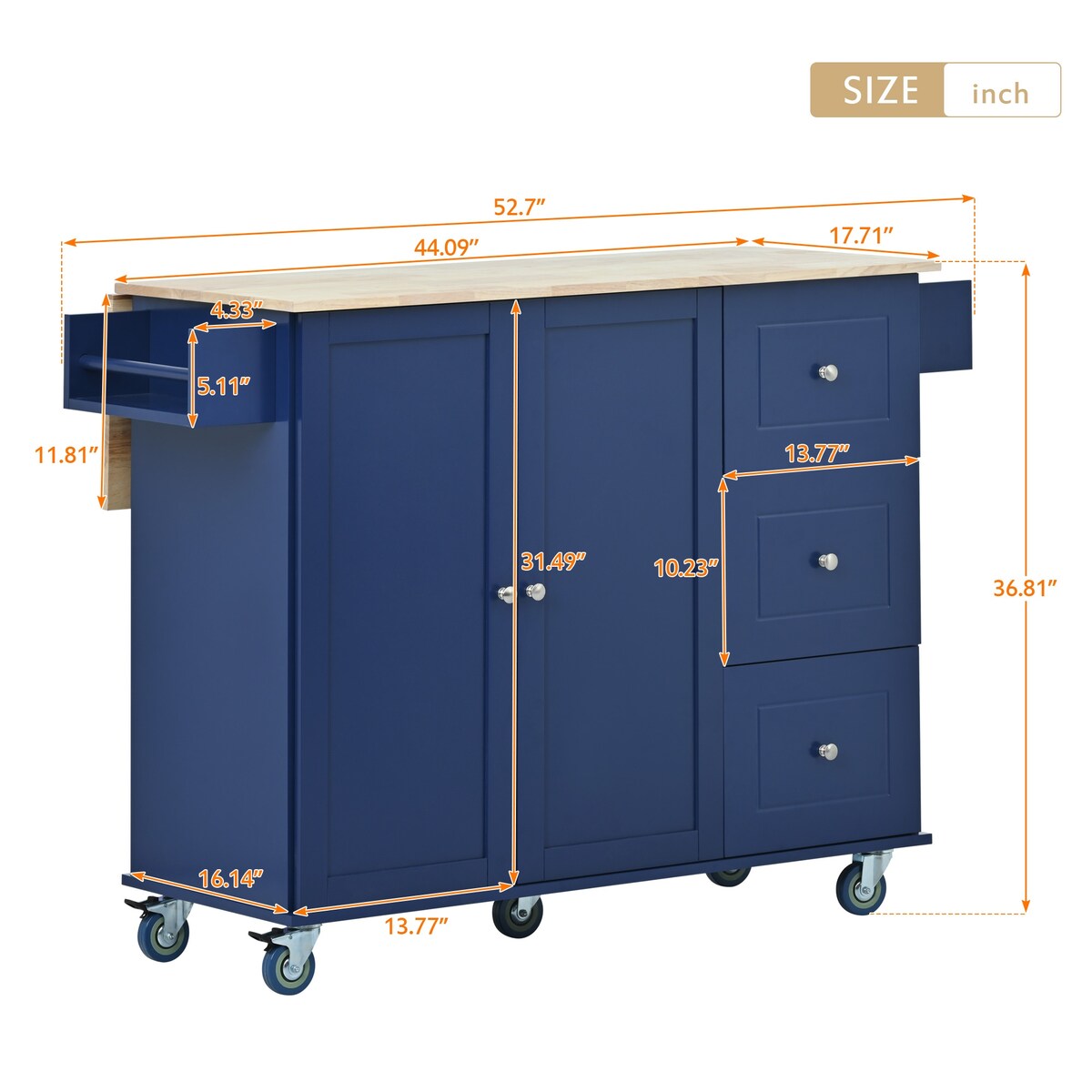Rolling Mobile Kitchen Island with Solid Wood Top and Locking Wheels,52.7 Inch Width,Storage Cabinet and Drop Leaf Breakfast Bar