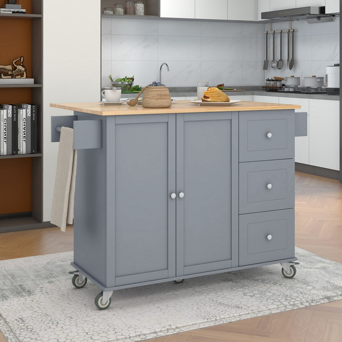 Rolling Mobile Kitchen Island with Solid Wood Top and Locking Wheels,52.7 Inch Width,Storage Cabinet and Drop Leaf Breakfast Bar