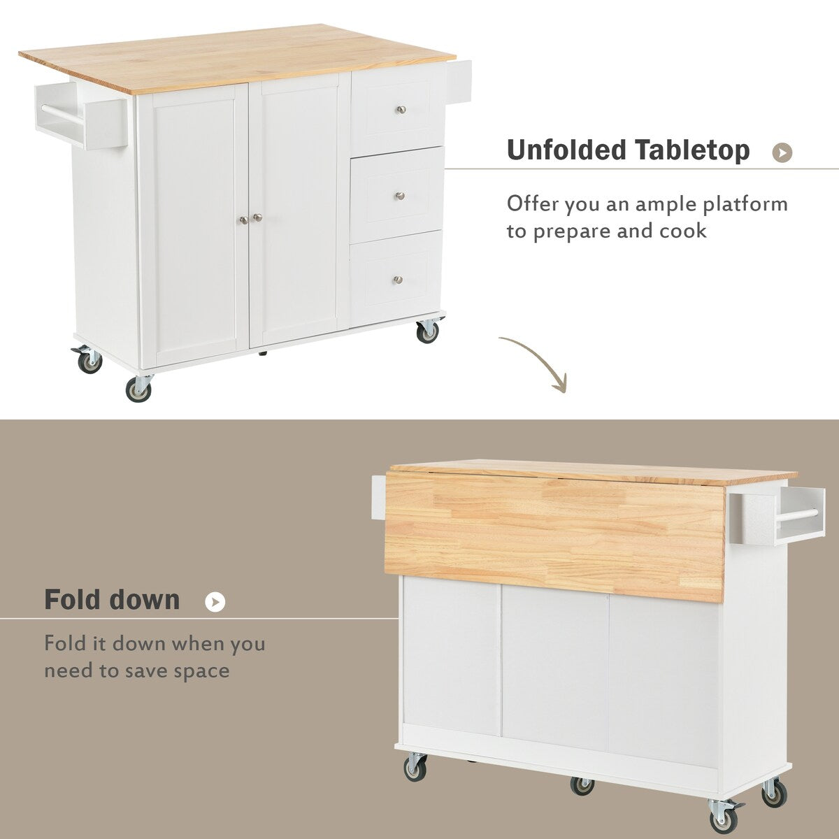 Rolling Mobile Kitchen Island with Solid Wood Top and Locking Wheels,52.7 Inch Width,Storage Cabinet and Drop Leaf Breakfast Bar
