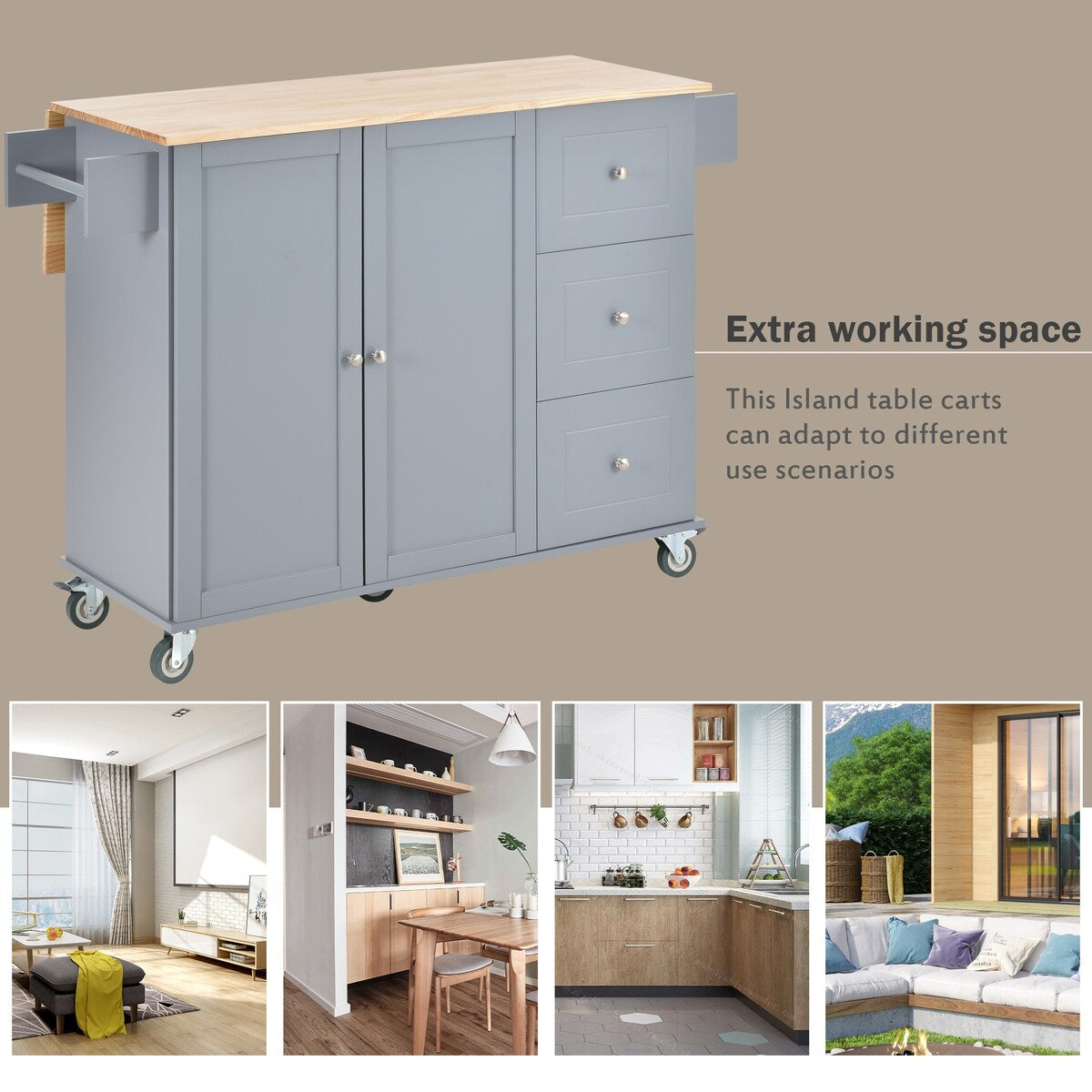 Rolling Mobile Kitchen Island with Solid Wood Top and Locking Wheels,52.7 Inch Width,Storage Cabinet and Drop Leaf Breakfast Bar