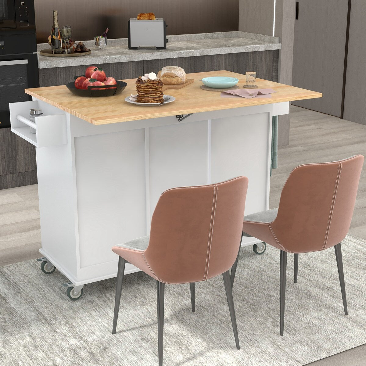 Rolling Mobile Kitchen Island with Solid Wood Top and Locking Wheels,52.7 Inch Width,Storage Cabinet and Drop Leaf Breakfast Bar