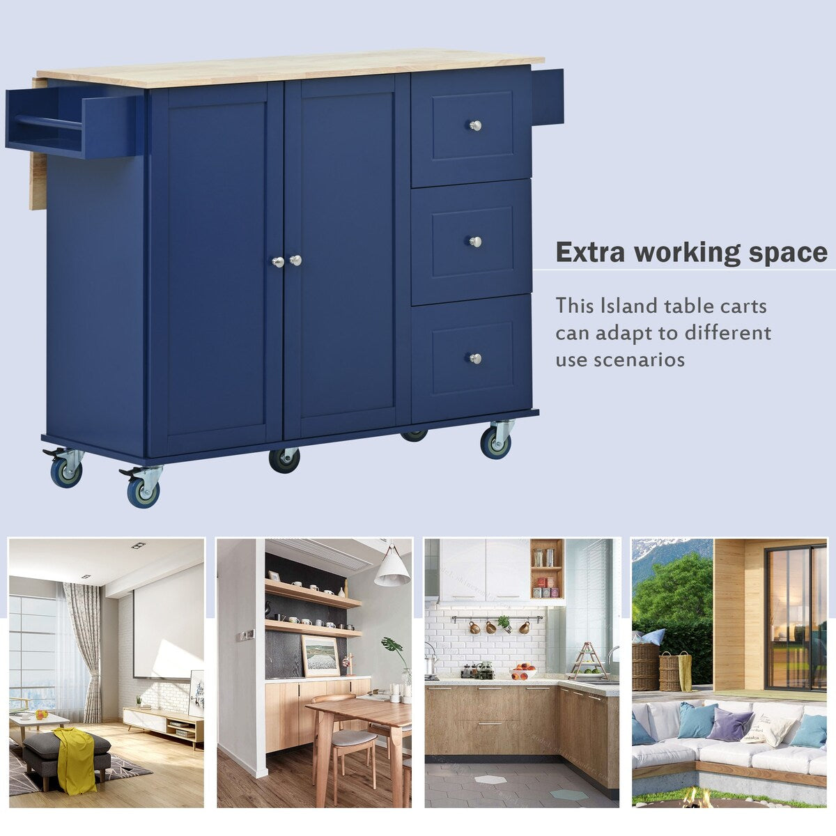 Rolling Mobile Kitchen Island with Solid Wood Top and Locking Wheels,52.7 Inch Width,Storage Cabinet and Drop Leaf Breakfast Bar